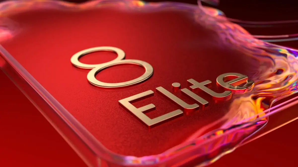 Snapdragon launch art showing gold metal numerals 8 and the word Elite on a red chip package, framed by iridescent magenta and orange light