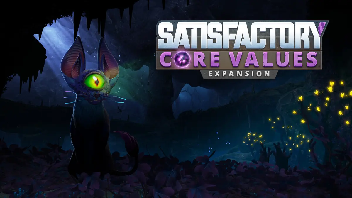 Key art for the Satisfactory Core Values expansion, showing the expansion logo above a pale cave creature with a single glowing green eye in a dark cavern