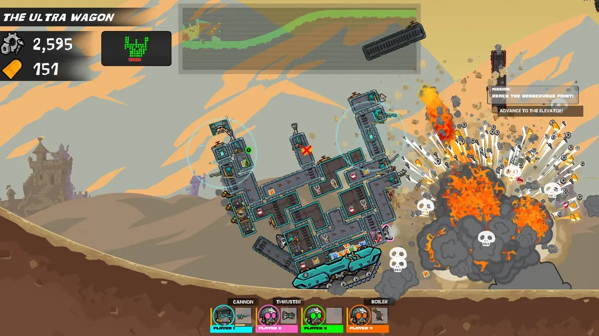 Tower Tanks gameplay: the towering, multi-deck tank The Ultra Wagon rolls across a dusty plain as an orange explosion erupts beside it, with crew stations labelled cannon, thruster and boiler along the bottom of the screen.