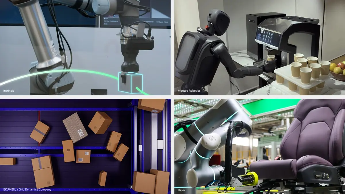 A four-panel collage of robots at work: a robotic arm lowering a package onto a bench, a Mentee Robotics humanoid pouring coffee behind a counter, cardboard boxes moving through a blue rack on an automated line, and a robot arm inspecting a purple car seat on a factory floor.