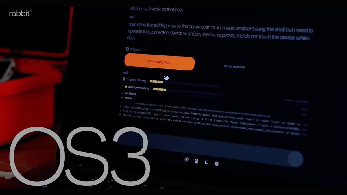 An OS3 session on a laptop screen, showing a task waiting for permission with approve playback and do not approve buttons, beside the large white OS3 wordmark
