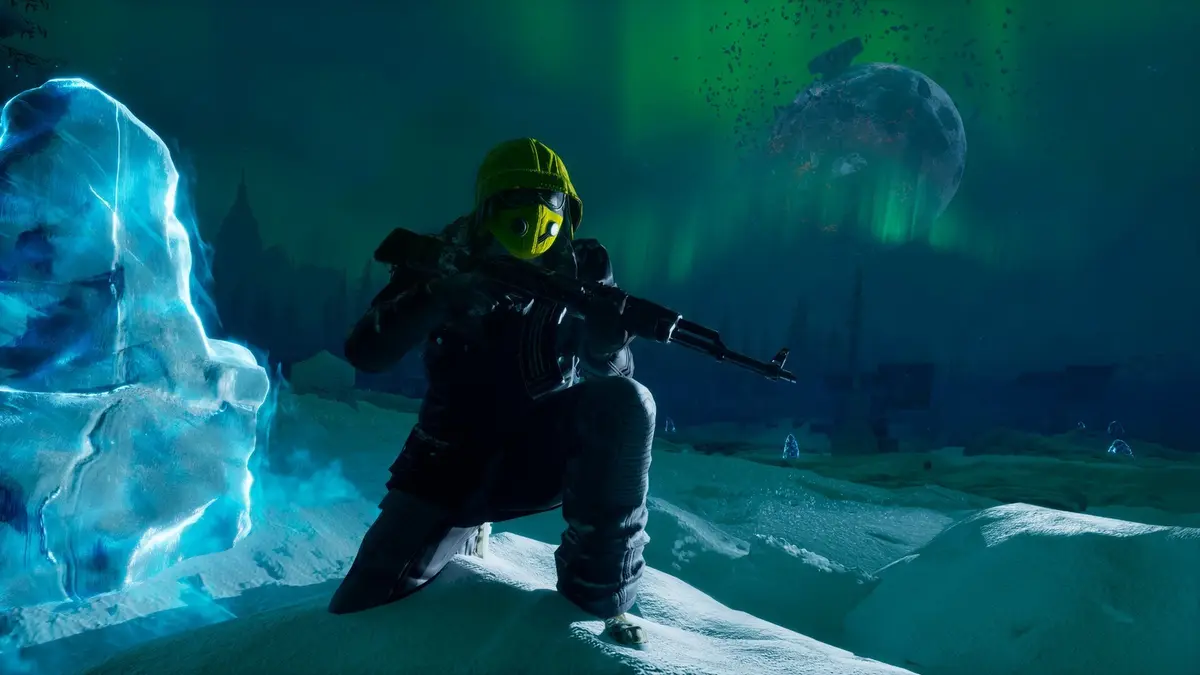 Permafrost screenshot: a survivor in a yellow gas mask and green hood crouching in deep snow with a rifle, beside a wall of glowing blue ice under an aurora-lit green sky
