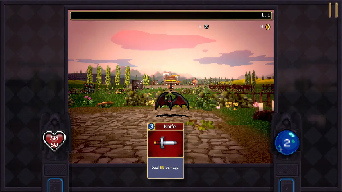 A Vampire Crawlers battle screen showing a pixel-art field with a bat enemy, health meter and a playing card reading Knife, deal 50 damage.