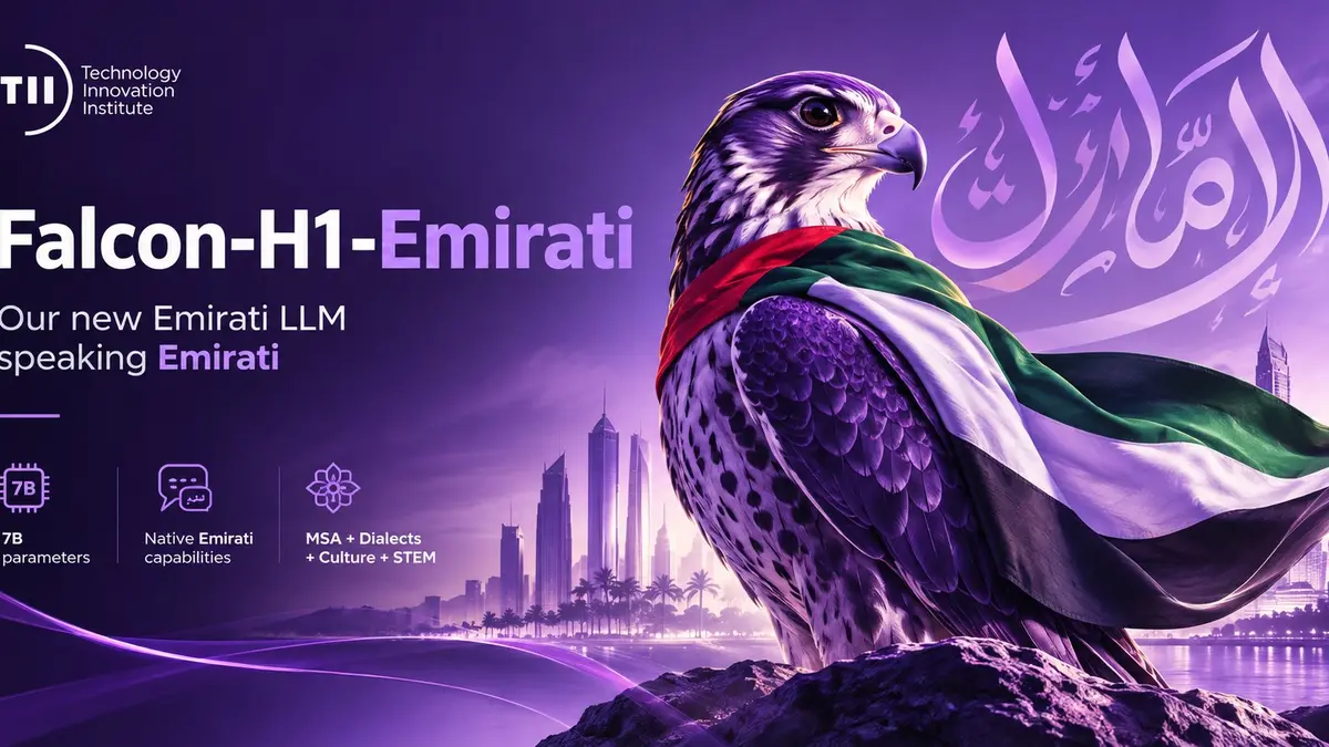 Falcon-H1-Emirati announcement graphic: a peregrine falcon draped in the colours of the United Arab Emirates stands before the Dubai skyline, beside the Technology Innovation Institute logo and Arabic calligraphy