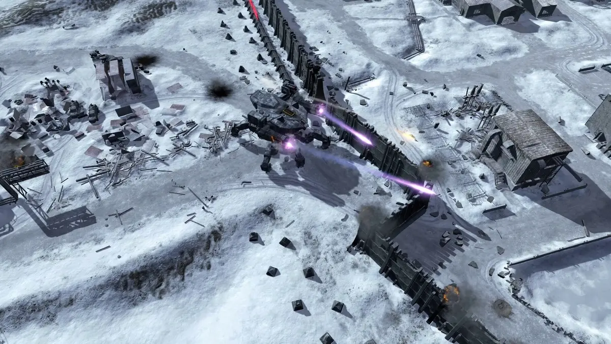 A Legion walker mech fires purple energy beams across a snow-covered battlefield lined with barricades, scattered debris and ruined buildings
