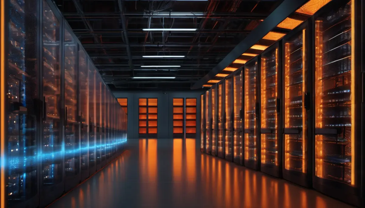A dark data centre corridor lined with glowing server racks, with a floating overlay of connected workflow diagram nodes in front of them, one node glowing hot orange-red