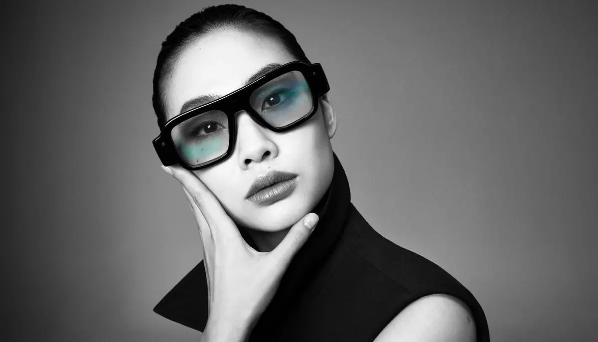 A model wearing Snap's SPECS augmented reality glasses, framed in black and white against a grey studio backdrop.