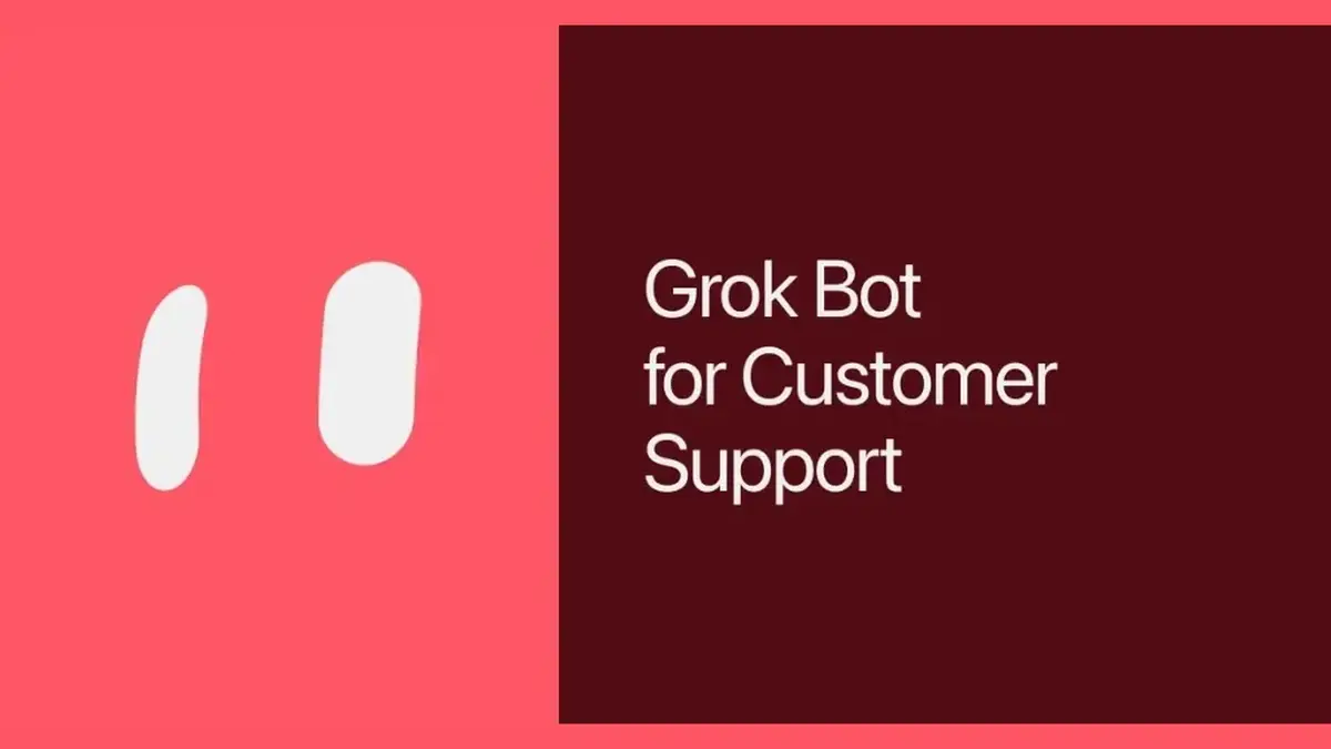 xAI’s Grok Bot artwork, showing the white Grok Bot eyes mark on a pink background beside a dark panel that reads Grok Bot for Customer Support