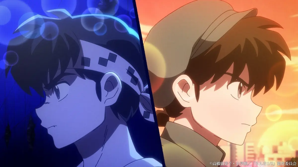 Ranma Saotome and Ryoga Hibiki face each other across a split blue and orange frame, one in shadow and one lit by a town at night, in a still from the creditless opening for Ranma 1/2 season three