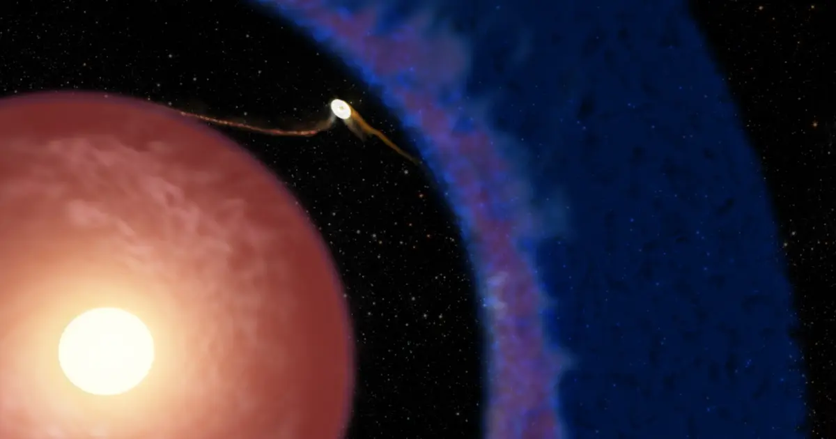 An artist's concept of the young planet Elias 2-24 b, a small bright body trailing a curved stream of material as it grows inside the blue dust ring around its young star, whose warm glow fills the lower left of the frame.