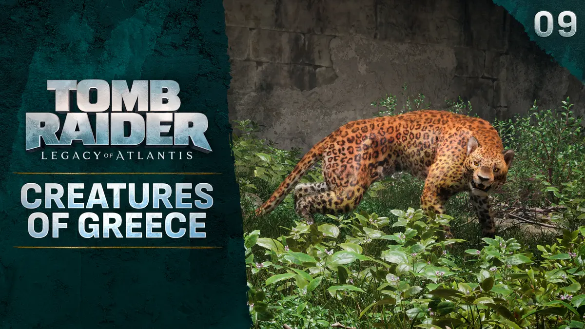 Tomb Raider: Legacy of Atlantis key art for the Creatures of Greece mini-documentary, showing a leopard stalking through tall green vegetation.