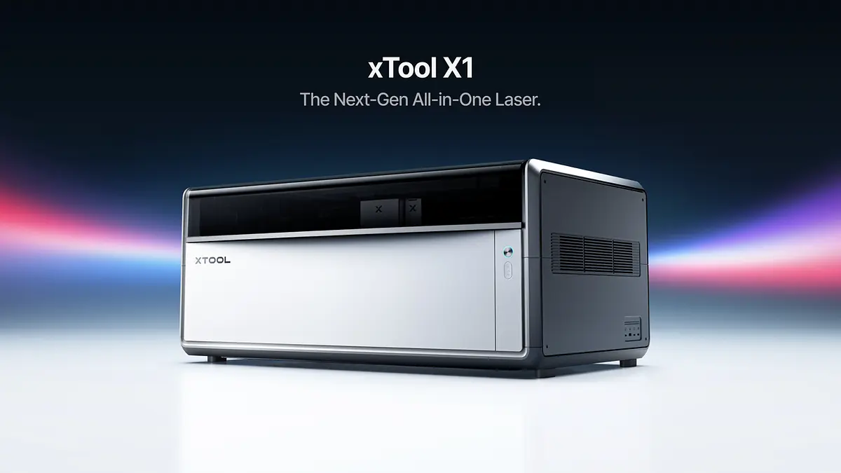 Official xTool X1 all-in-one laser platform shown in a studio product image.