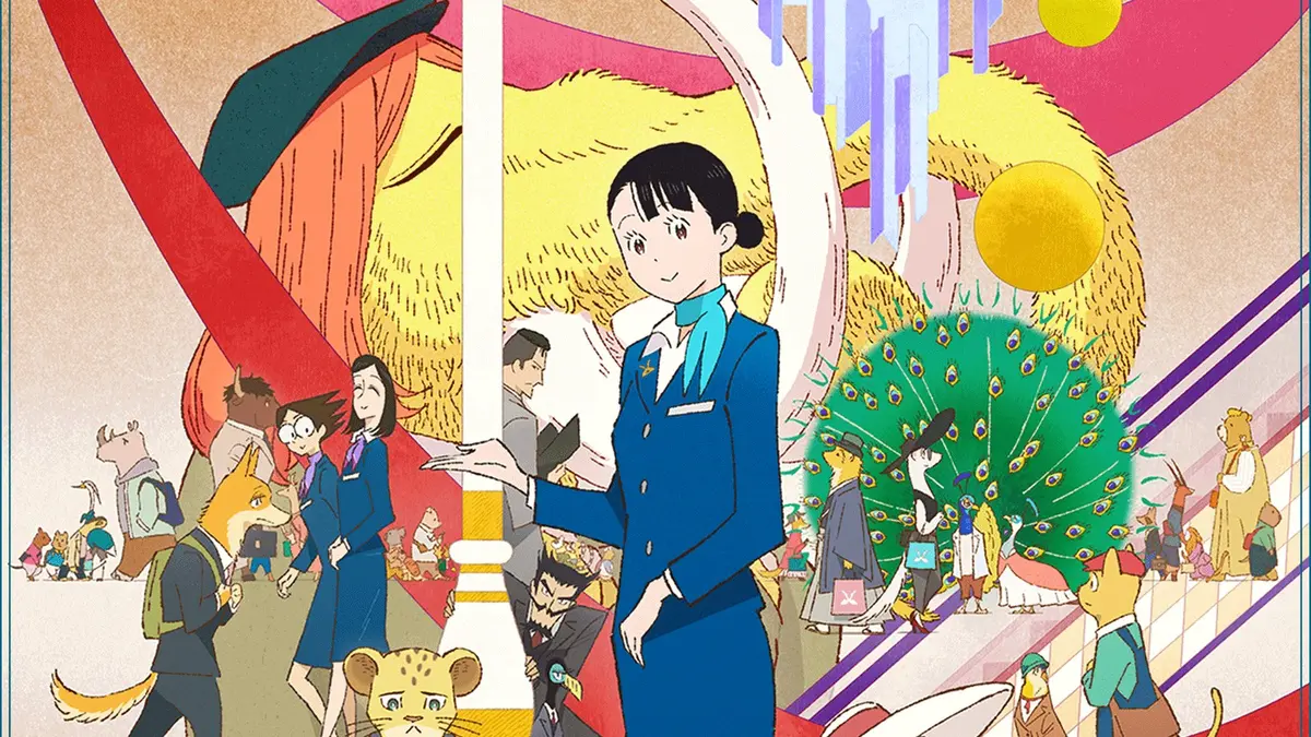 Anime illustration of a department store concourse filled with animal customers, with a young female concierge in a blue uniform standing at the centre