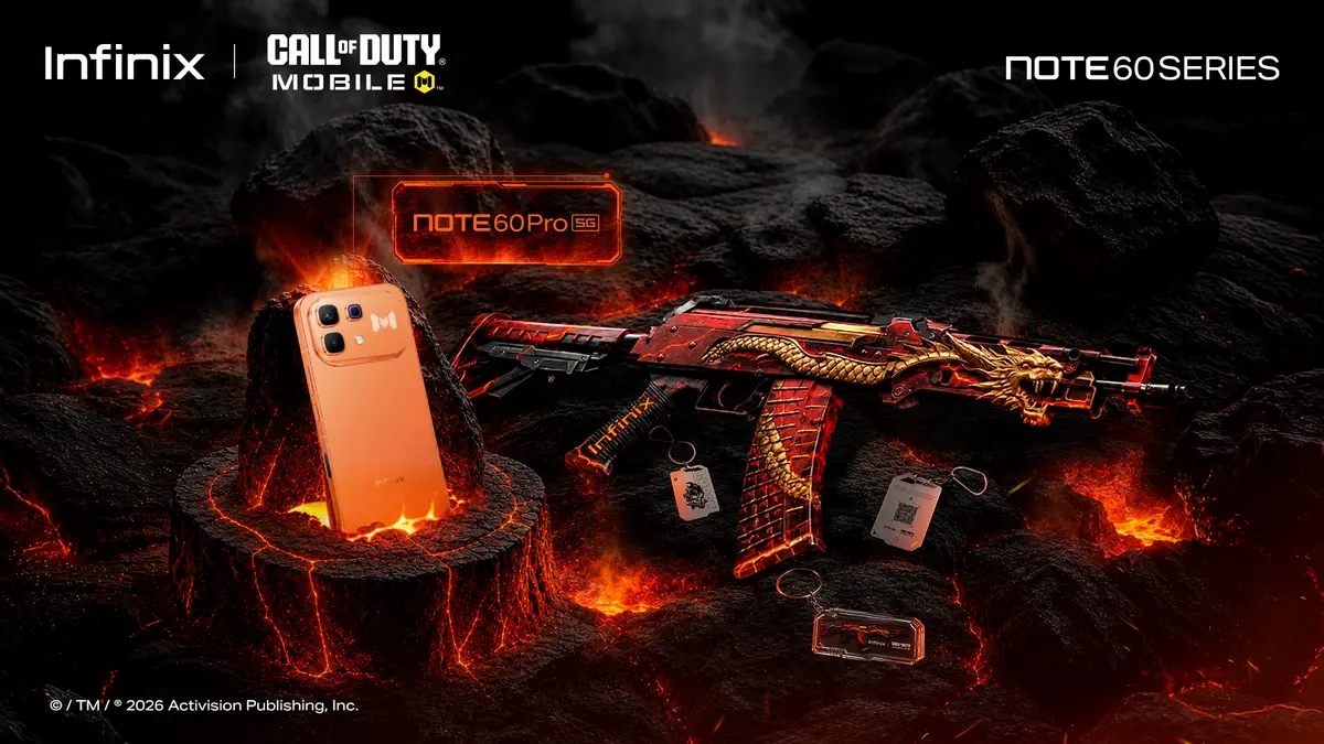 Announcement artwork for the *Crimson Dragon Rift* weapon skin from the Infinix and *Call of Duty: Mobile* collaboration.