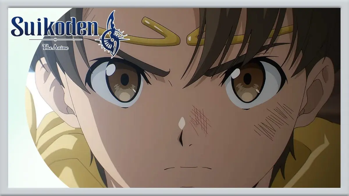 The young hero of Suikoden: The Anime in close-up, with the series logo in the top-left corner