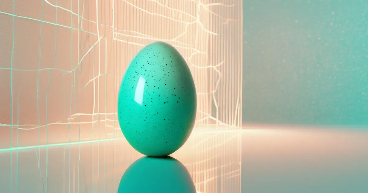 A single turquoise speckled egg standing upright on a pale reflective surface, with glowing circuit-like lines and a faint digital grid behind it