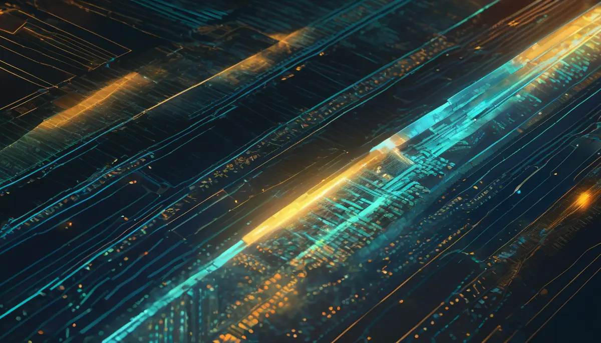 Abstract illustration of glowing code streaming past a bright scanning beam across a dark circuit pattern, representing an automated audit of application source code.