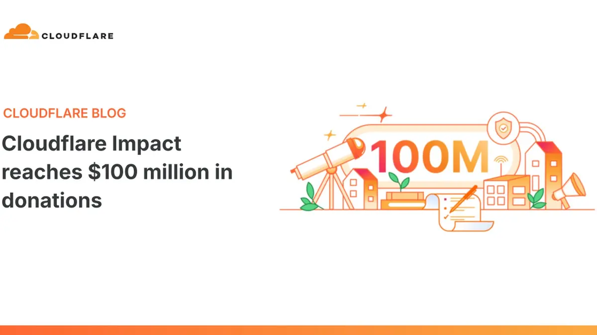 Cloudflare's milestone graphic showing a 100 million figure among illustrated buildings, a telescope and a megaphone