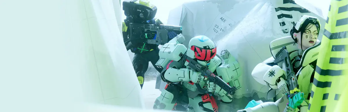 Three *Marathon* Runners in white armour moving through a corridor