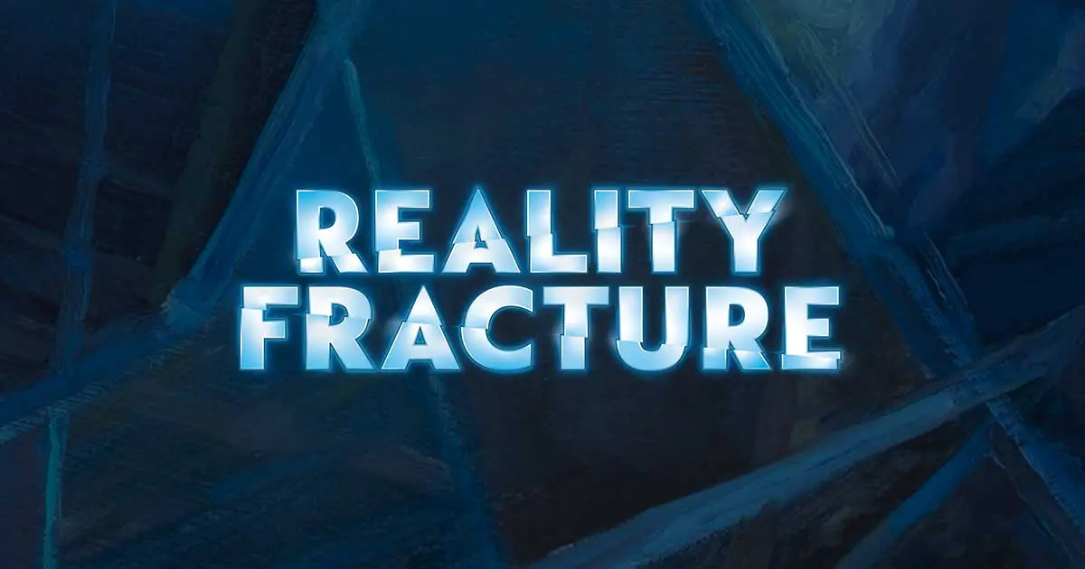 The Reality Fracture set logo in glowing ice-blue lettering over a shattered pane of dark blue glass, with cracks radiating across the surface