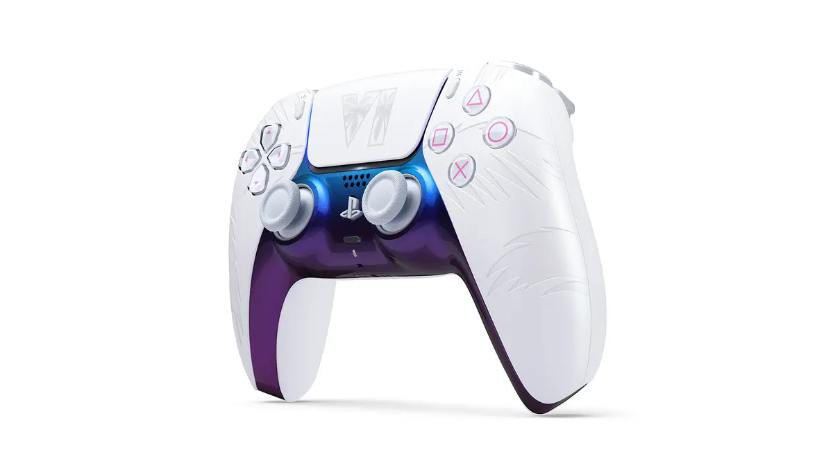 Black and white limited-edition Grand Theft Auto VI DualSense controllers with Vice City-inspired finishes and palm-tree details. Official PlayStation artwork.