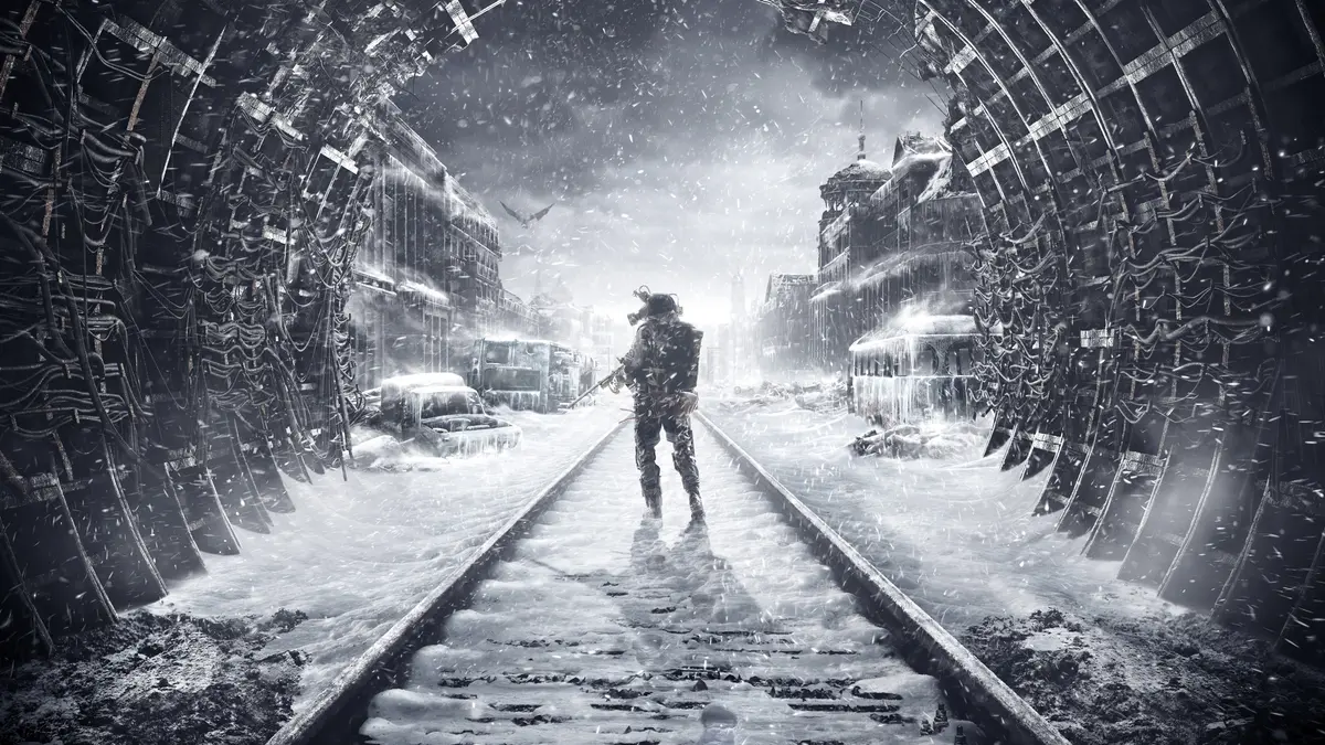 Metro key art showing the series’ gas-mask iconography and a ruined city skyline ahead of the Redux next-gen update