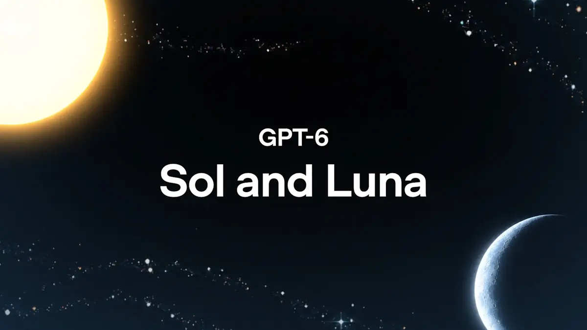 OpenAI’s launch art for GPT-6 Sol and Luna: a bright sun glowing at the upper left and a crescent moon at the lower right against a dark starfield, with the white GPT-6 and Sol and Luna wordmarks centred