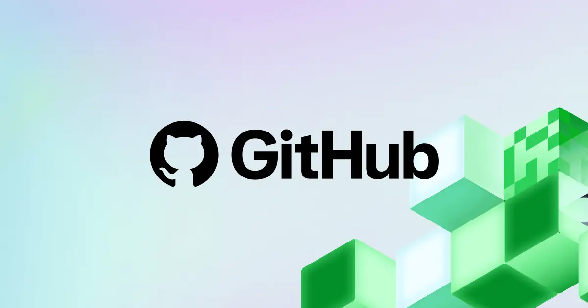 GitHub wordmark on a pale gradient background with green isometric blocks rising on the right