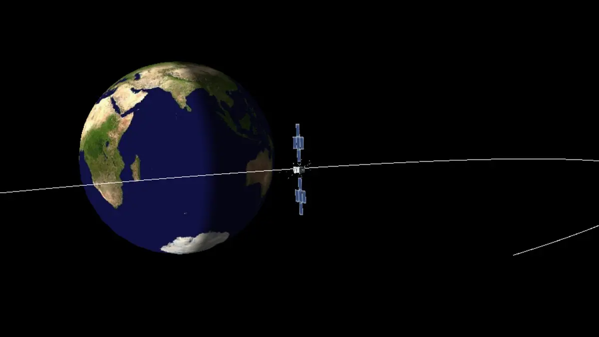 An ESA graphic showing Earth from space with a thin white trajectory line crossing in front of it and the Juice spacecraft, with its two solar arrays, passing to the right as its path continues away towards the lower right.