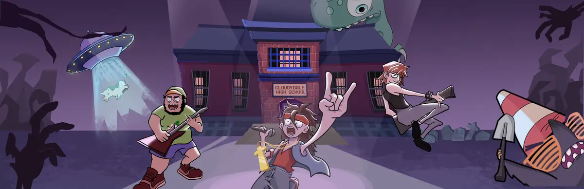 Escape from 8-Bit High key art showing three teenage rockers outside Cloudydale High as monsters and a flying saucer close in