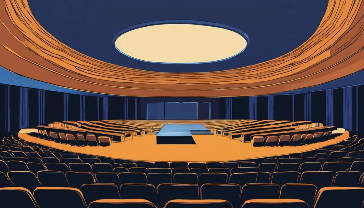 An illustration of an empty keynote auditorium seen from the back of the hall, with a single pool of warm light on the stage and rows of dark seats