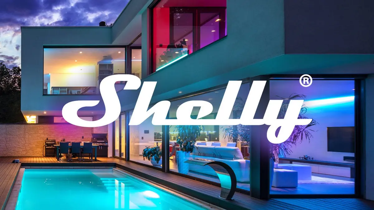 A modern smart home at dusk with a lit swimming pool, its windows glowing in Shelly's signature colours, overlaid with the Shelly wordmark across the centre of the frame.