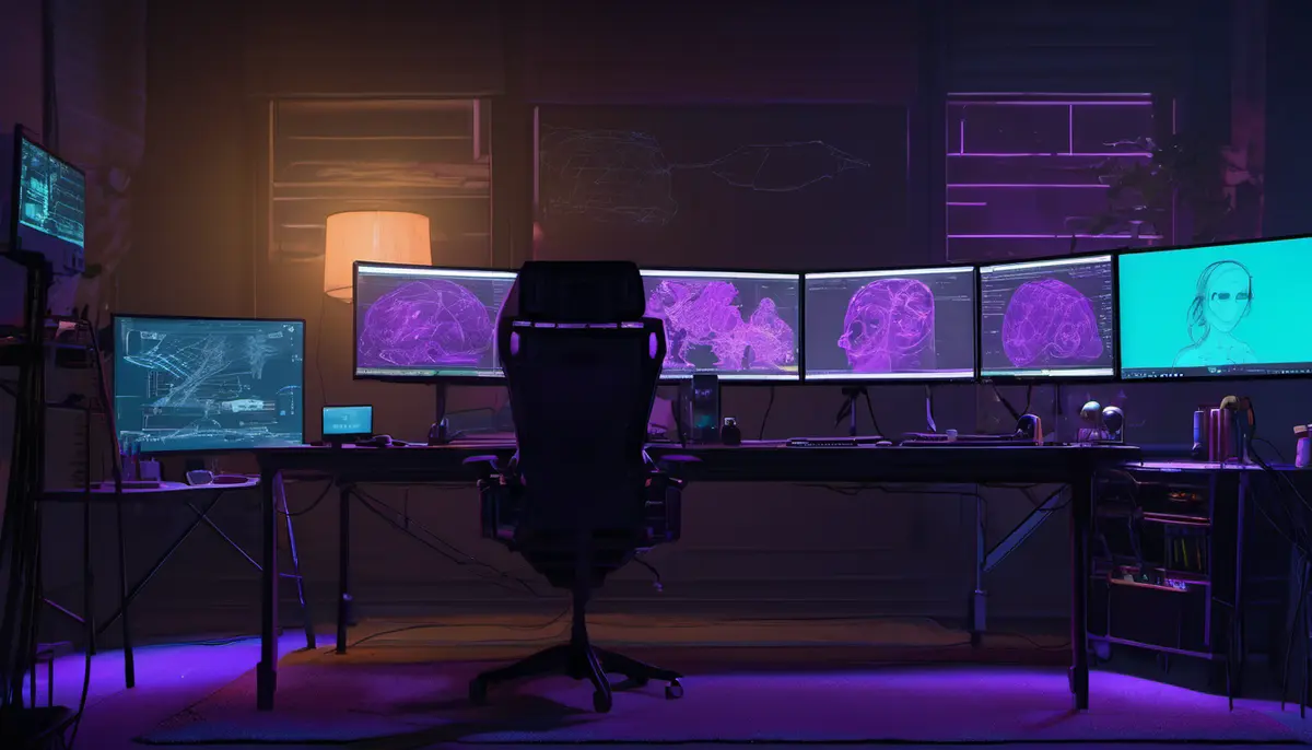 A dark game development workstation at night, its monitors showing wireframe 3D character models in blue and magenta