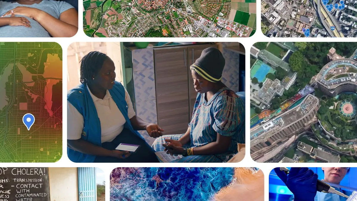 A collage of public-health and geospatial images: community health workers with a mother, aerial and satellite views of settlements, a heat-mapped city grid with a location pin, a chalkboard warning about cholera transmission and contaminated water, and laboratory and microscopy scenes.