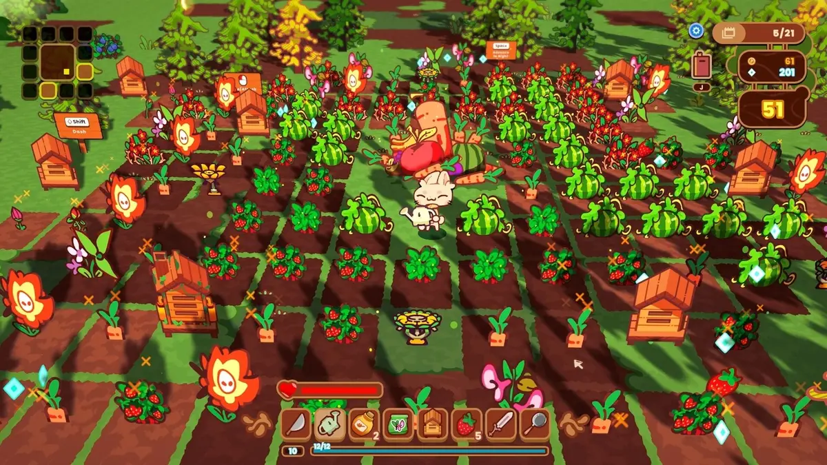 The Rabbit Haul store screenshot: the rabbit Sprout standing in a bright, densely planted farm of crops and flower-shaped plant towers, with a carrot enemy on the path, a minimap in the corner and health and inventory bars along the bottom.