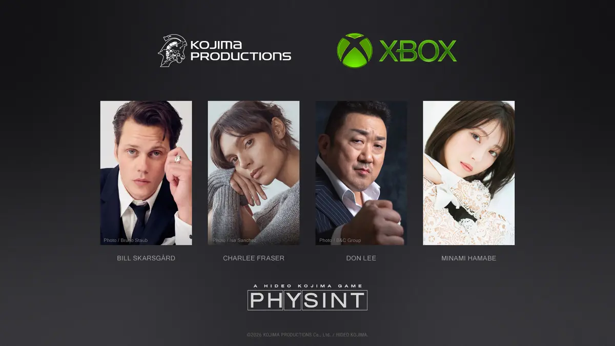 Four cast portraits on a black background — Bill Skarsgård, Charlee Fraser, Don Lee and Minami Hamabe — beneath the KOJIMA PRODUCTIONS and XBOX logos, with the *Physint* title lock-up below them.