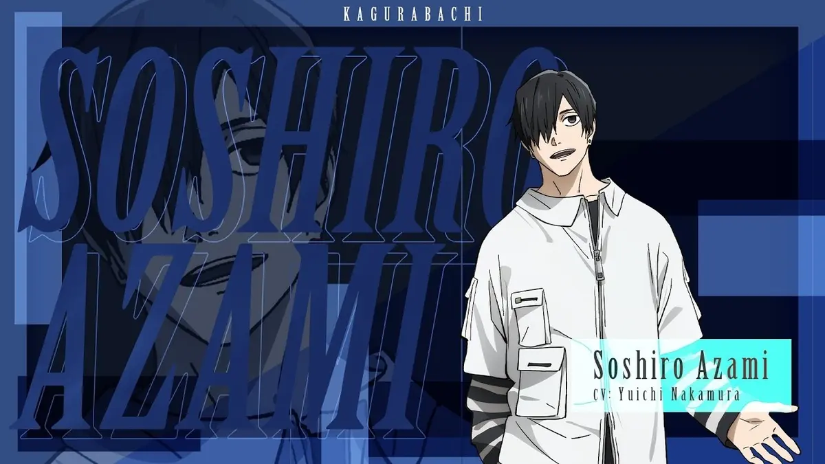 Official character trailer card for the Kagurabachi anime, showing Soshiro Azami in a pale jacket against a deep blue graphic background with his name and voice actor Yūichi Nakamura credited on screen