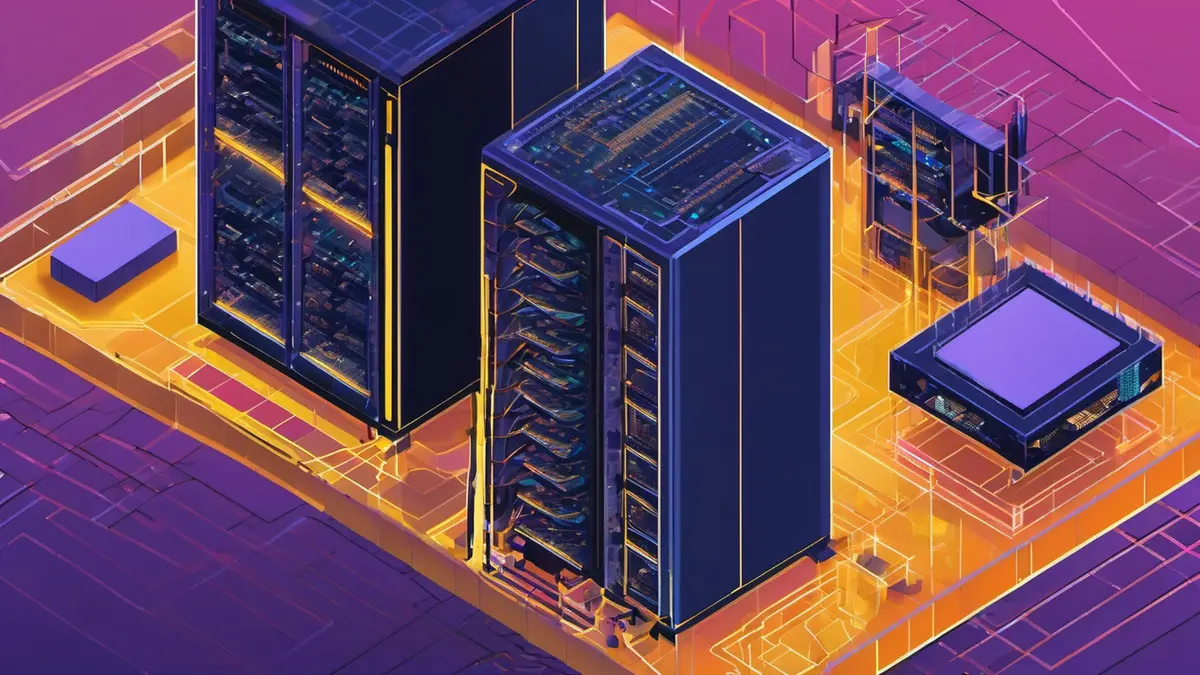 A stylised isometric data centre drawn in amber and violet, with dark server racks lit by circuit lines, a large processor slab and glowing memory trays on a circuit-patterned floor