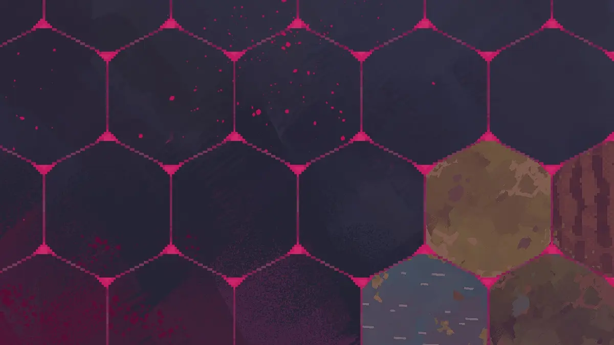 A grid of hexagonal map tiles in pink, purple, grey and brown, their edges outlined in bright magenta, showing patches of contaminated ground beside a few terrain tiles.