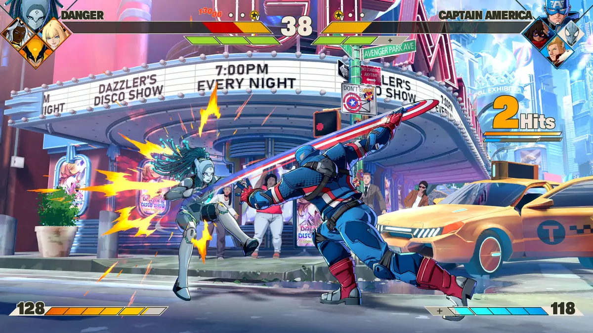MARVEL Tōkon: Fighting Souls gameplay screenshot showing Captain America trading blows with a masked fighter on a neon-lit city street.