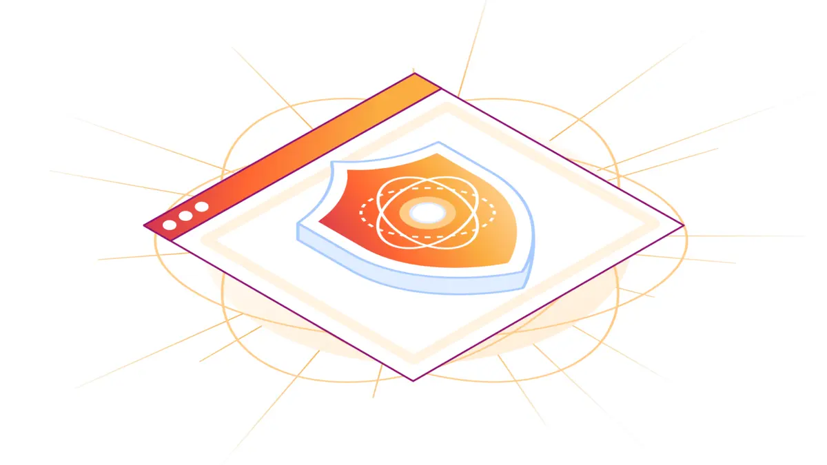 Cloudflare illustration of an orange shield carrying a glowing atom-like orbit motif, resting on a tilted white card and ringed by pale orange concentric orbital lines on a white background