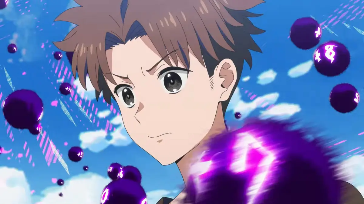 Anime mage character surrounded by glowing purple magical orbs in a promotional scene.