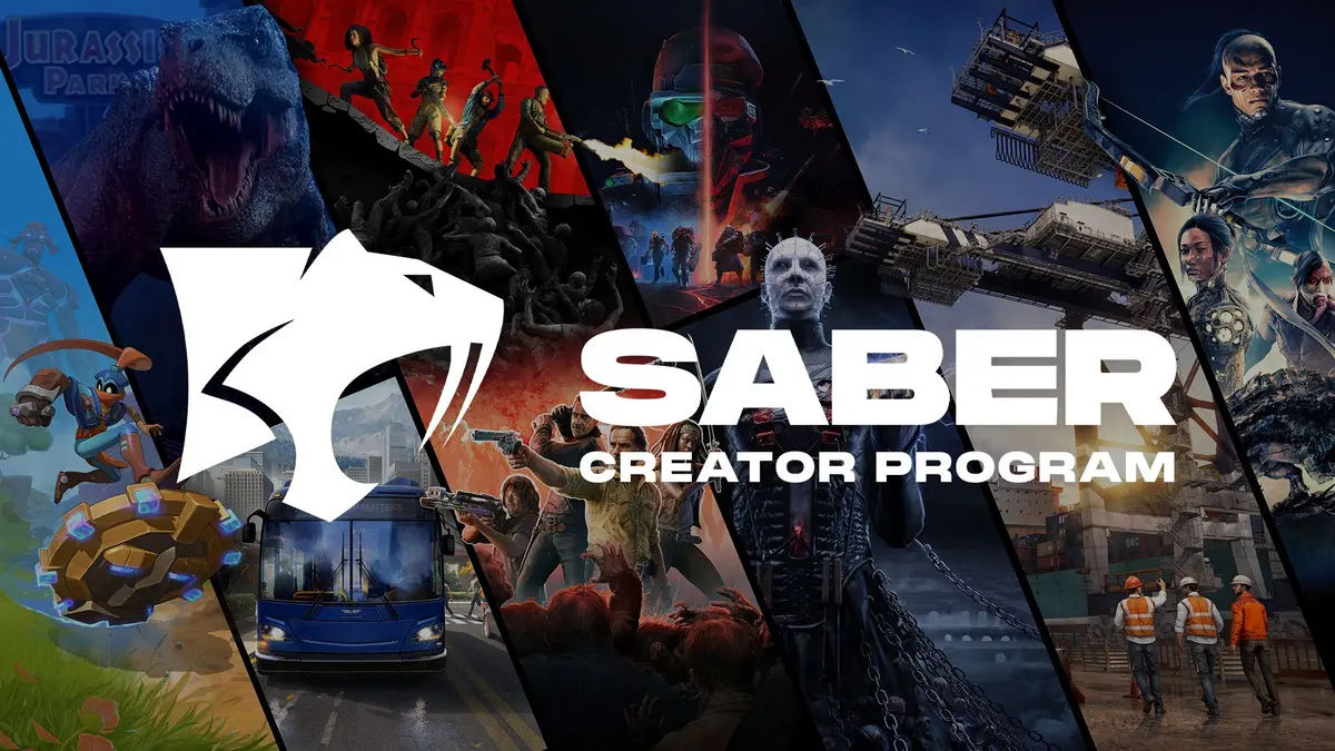 Saber Interactive Creator Program artwork showing the studio’s game portfolio, including Jurassic Park and other licensed projects.