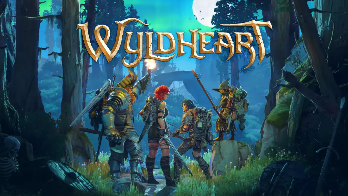 Wyldheart key art: four adventurers carrying torches, swords and staffs through a moonlit forest beneath the game's gold logo.