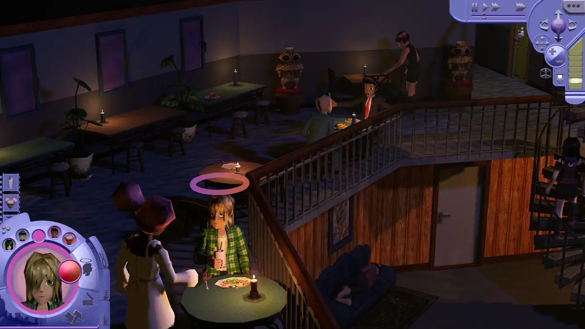 A dim interior in Noematica: Digital Dollhouse, with residents gathered at tables beneath a wooden staircase and the game's mood and character interface overlaid along the edges