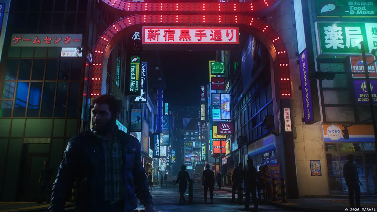 Logan walking through a rain-slicked, neon-lit Shinjuku street in Marvel's Wolverine