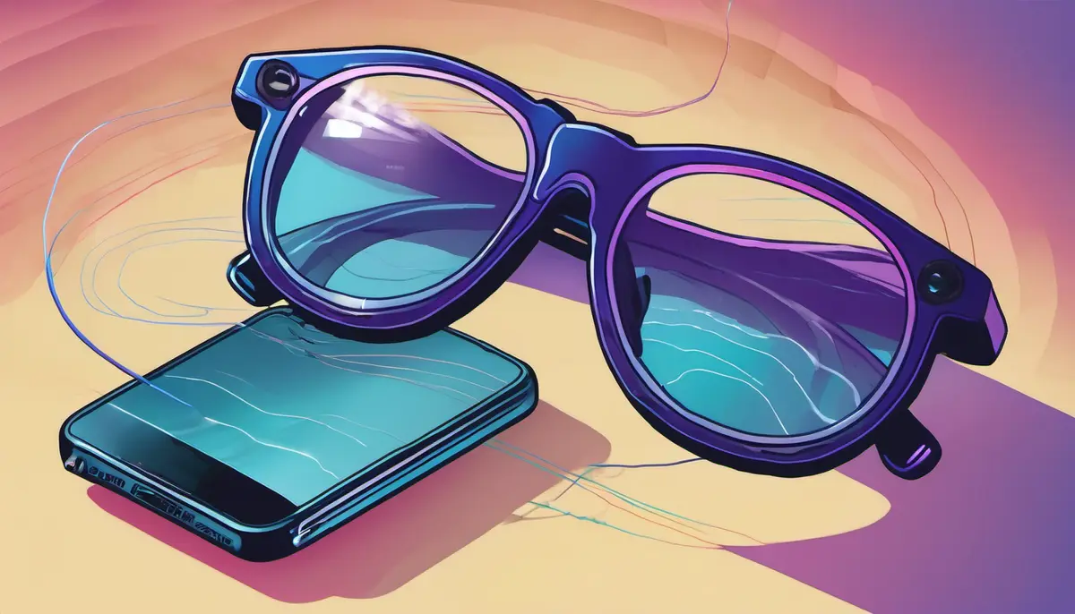 A pair of camera glasses with visible lens sensors floating above a phone, ringed by radio waves suggesting Bluetooth signals