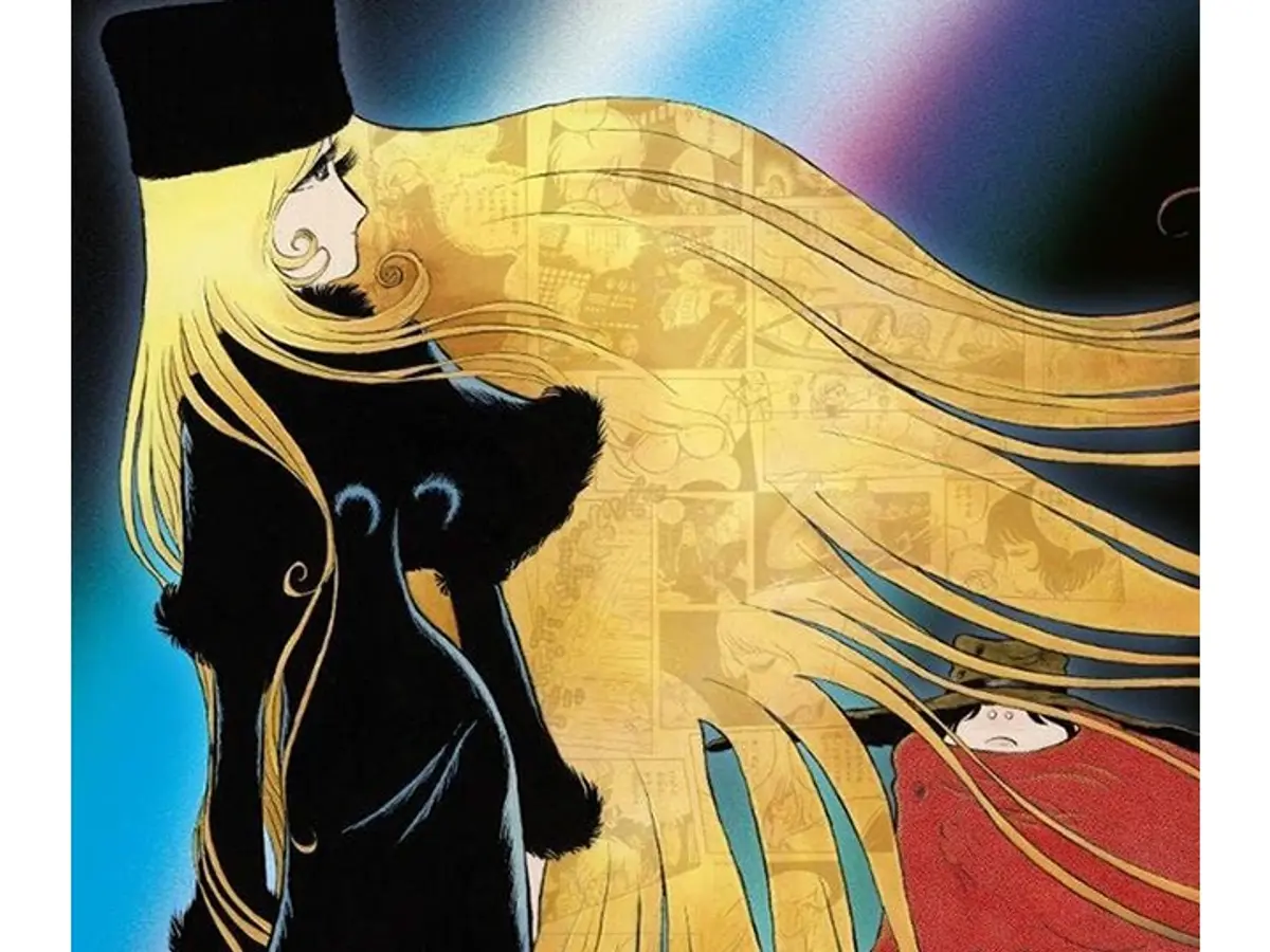 Maetel in her black coat and hat with her long blonde hair streaming across the frame beside Tetsuro in his red coat, artwork from Galaxy Express 999
