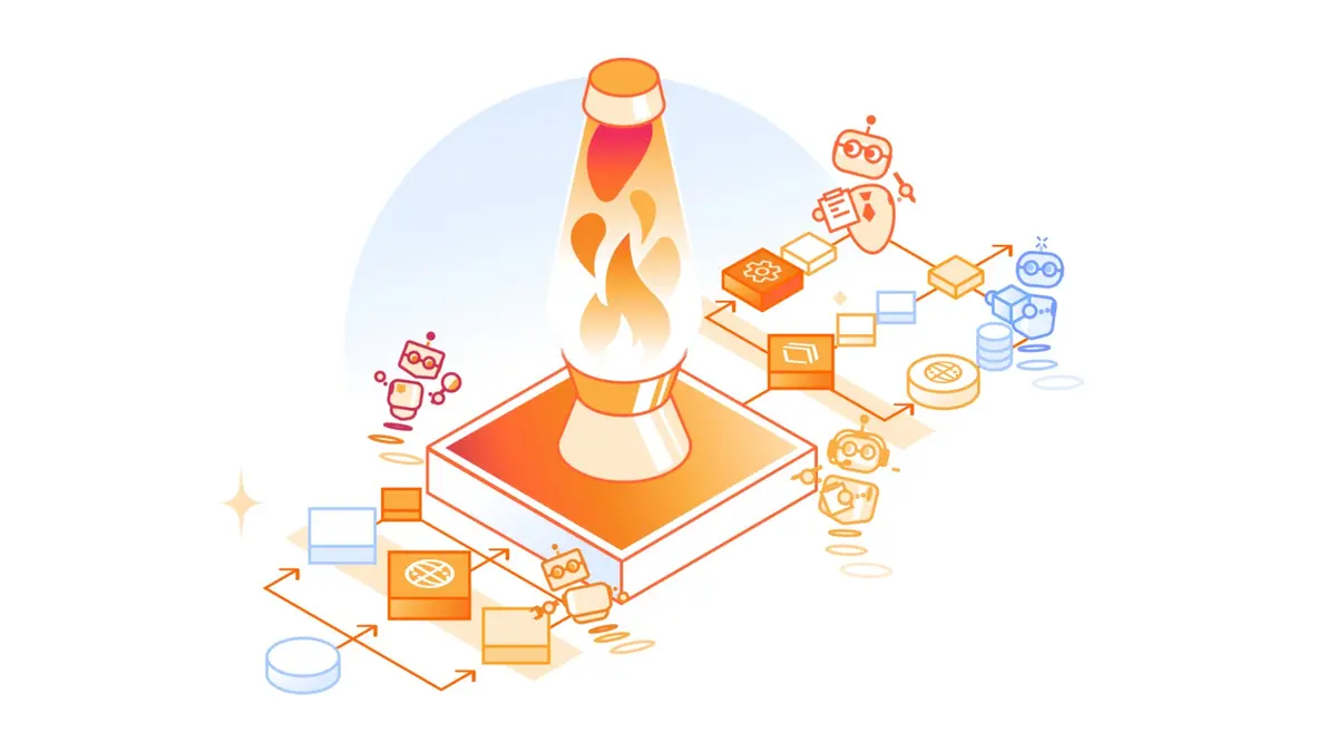 Cloudflare's illustration for its next Git platform post, showing an orange flame on a pedestal surrounded by code blocks and small robot figures