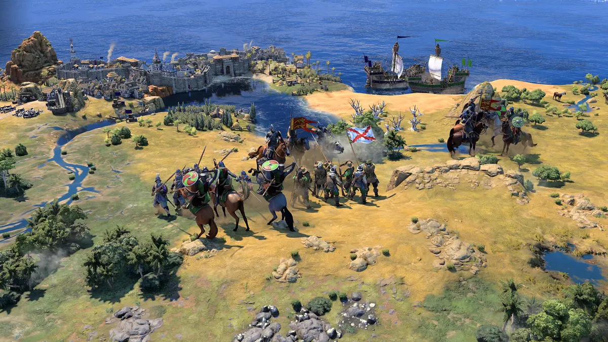 Civilization VII cavalry and infantry massed on a sunlit coastal plain beside a walled city and sailing ships, seen from above in a wide gameplay shot.